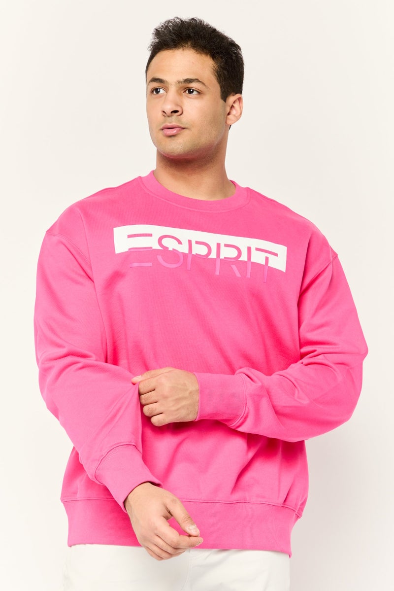 ESPRIT Men Ribbed Collar Long Sleeves Brand Logo Sweatshirts, Dark Pink - Image 1