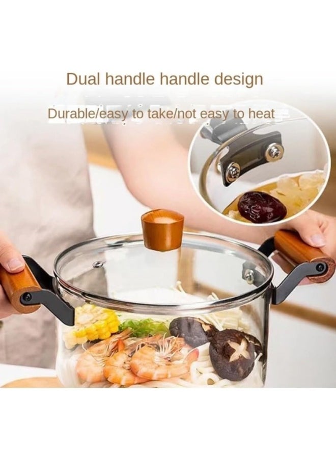 High quality heat and high temperature resistant glass cooking pot with elegant wooden handle, large capacity 3.5 liters