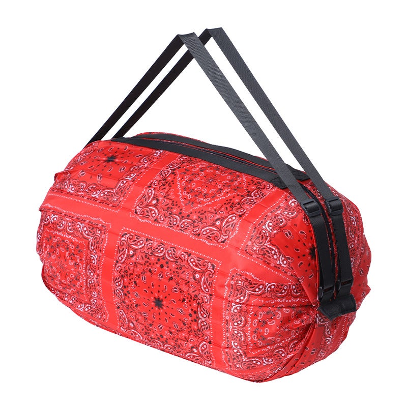 Waterproof Nylon Travel Single Shoulder Bag Quick Folding Portable Shopping Bag Large Storage For Groceries Red pattern shoulders 