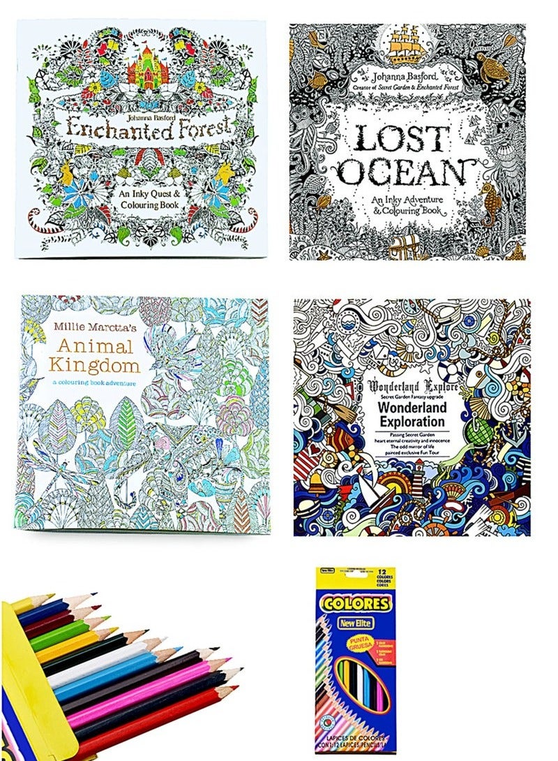 4 color art coloring books and 12 high-quality colored pencils, 12 pages per book, Secret Garden Adult Stress Relief Coloring Book Hand-painted Picture Book Painting Picture Book 25x25cm