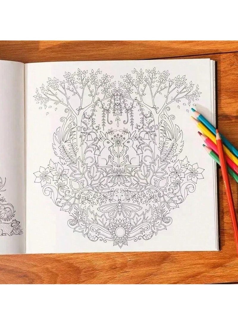 4 color art coloring books and 12 high-quality colored pencils, 12 pages per book, Secret Garden Adult Stress Relief Coloring Book Hand-painted Picture Book Painting Picture Book 25x25cm - Image 5
