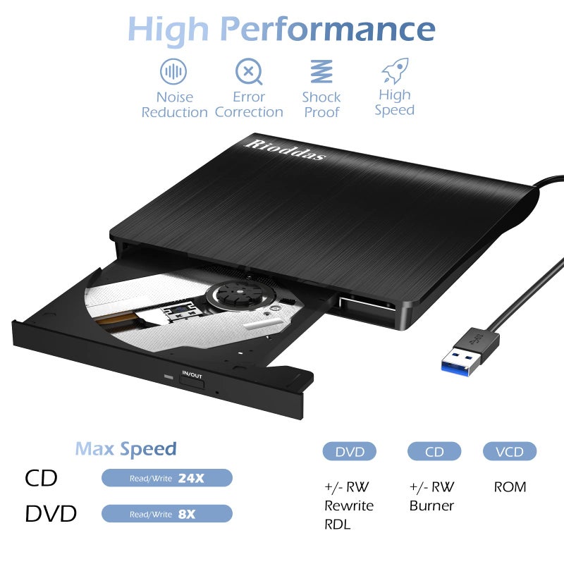 Rioddas External CD/DVD Drive for Laptop, USB 3.0 CD DVD Player Portable +/-RW Burner CD ROM Reader Writer Disk Duplicator Compatible with Laptop Desktop PC Windows Apple Mac Pro MacBook Linux - Image 3
