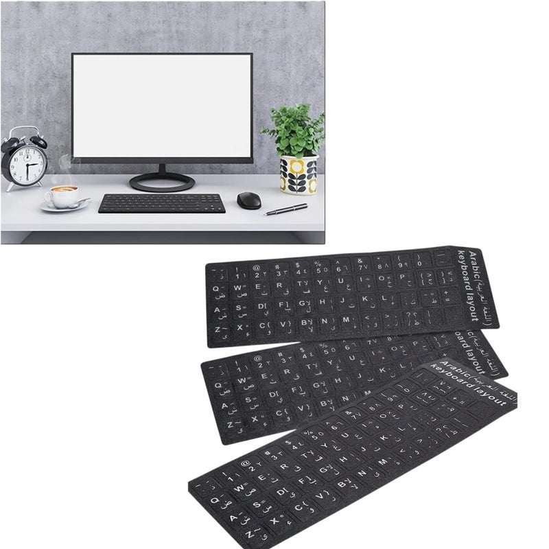 Ultimate Universal Arabic English Bilingual Keyboard Stickers Replacement Decals Letter Labels Matte Black Background with White Lettering for Laptop, Desktop, PC, Mac Computer Key Repair (3) - Image 2