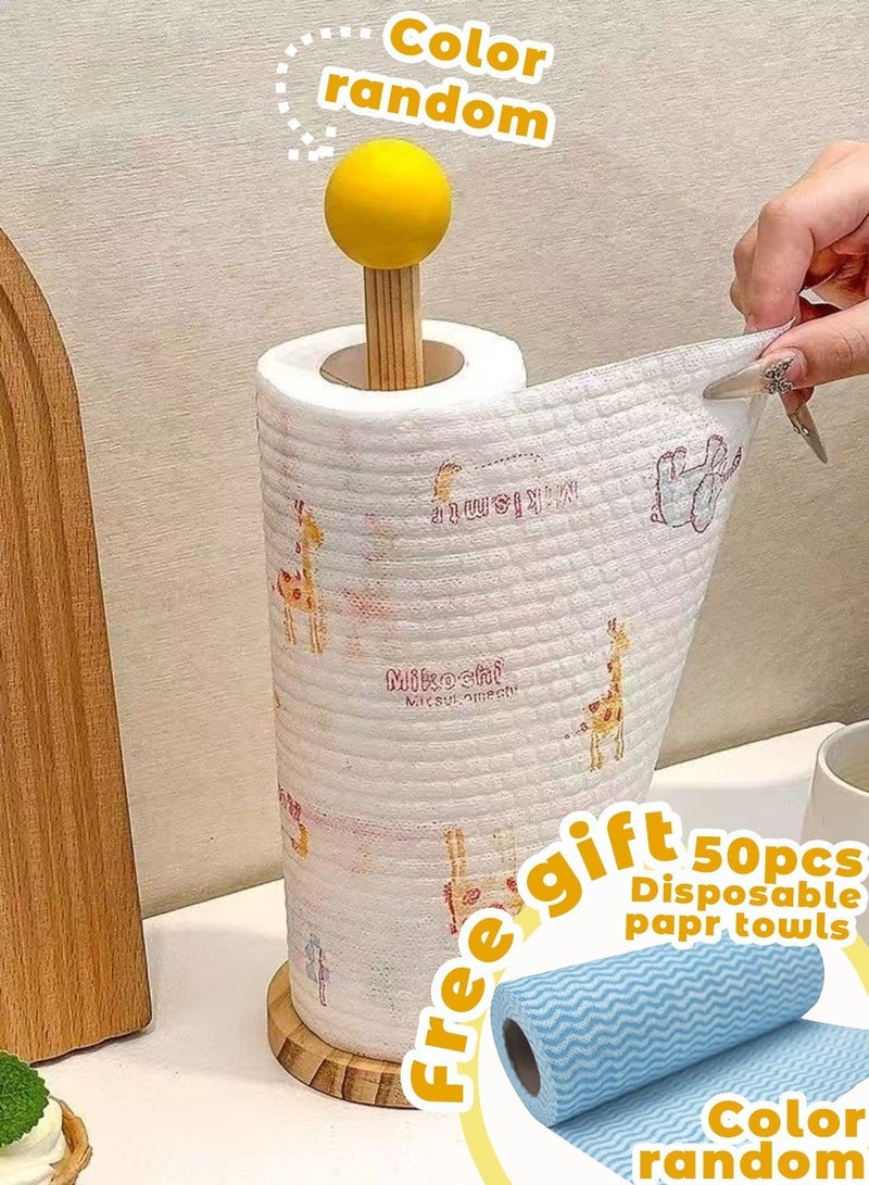 25*8cm Wooden Paper Towel Holder Stand & A Roll of Disposable Paper Towel - Kitchen Paper Hanger Rack Bathroom Towel Roll Stand Organizer - Image 2