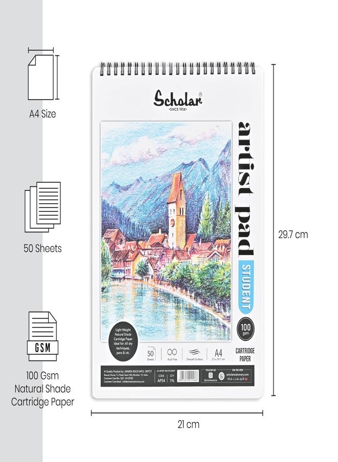 Scholar دفتر رسم Scholar Artist Pad للطلاب - ورق خرطوشة بلون طبيعي 100 جرام/متر مربع | أوراق رسم وتخطيط ناعمة للقلم الرصاص والحبر والرسم التوضيحي | دفتر رسم فني ملصق للطلاب والمبتدئين (A4) - Image 3