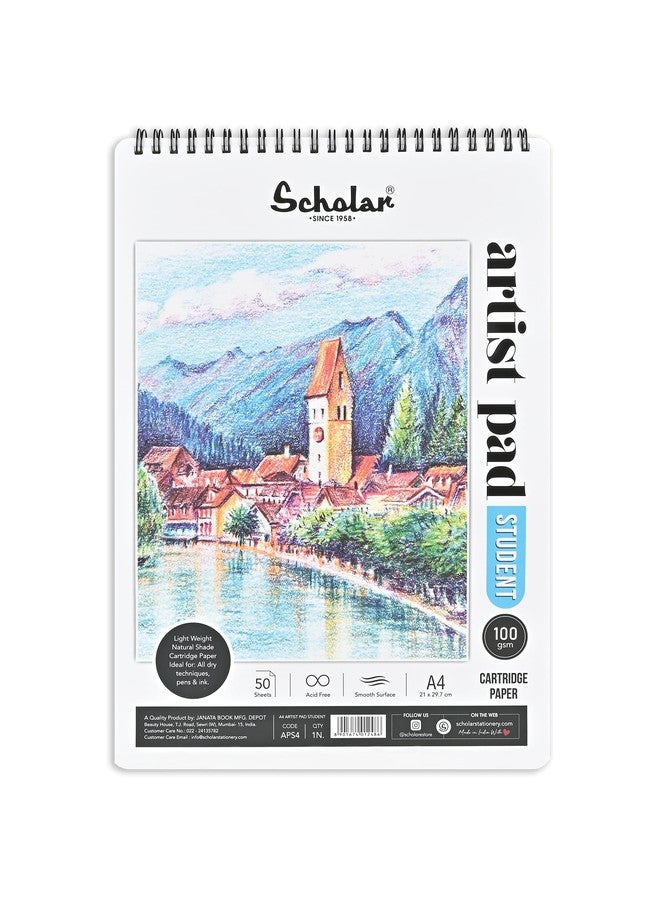 Scholar دفتر رسم Scholar Artist Pad للطلاب - ورق خرطوشة بلون طبيعي 100 جرام/متر مربع | أوراق رسم وتخطيط ناعمة للقلم الرصاص والحبر والرسم التوضيحي | دفتر رسم فني ملصق للطلاب والمبتدئين (A4) - Image 1