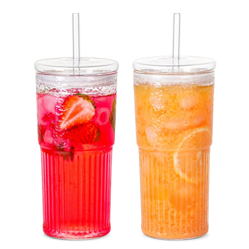 QWEZXO Glass Cups With Lids and Glass Straws20 OZ High Borosilicate Glass Tumbler Iced Coffee Water Smoothie