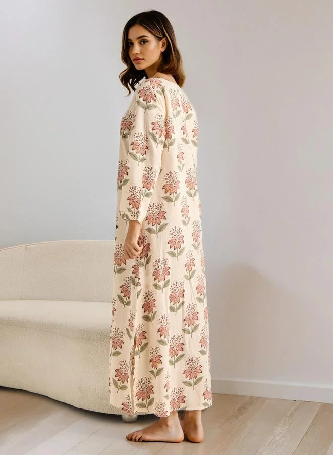 Splash FAV Floral Print Kaftan Cotton Night Dress with V-neck
