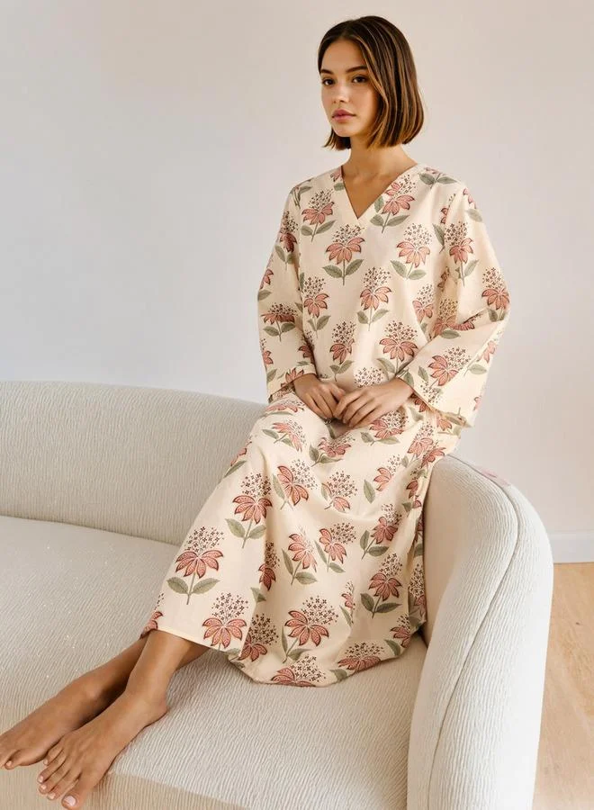 Splash FAV Floral Print Kaftan Cotton Night Dress with V-neck