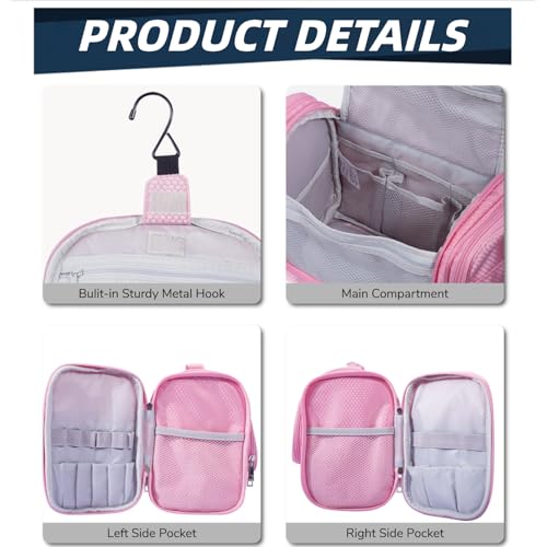Buruis Large Capacity Toiletry Bag for Women and Men, Hanging Toiletry Organizer Cosmetics Makeup Bag, Water-resistant Dopp Kit Shaving Bags for Full Sized Toiletries, Travel Essentials (Pink) - Image 5