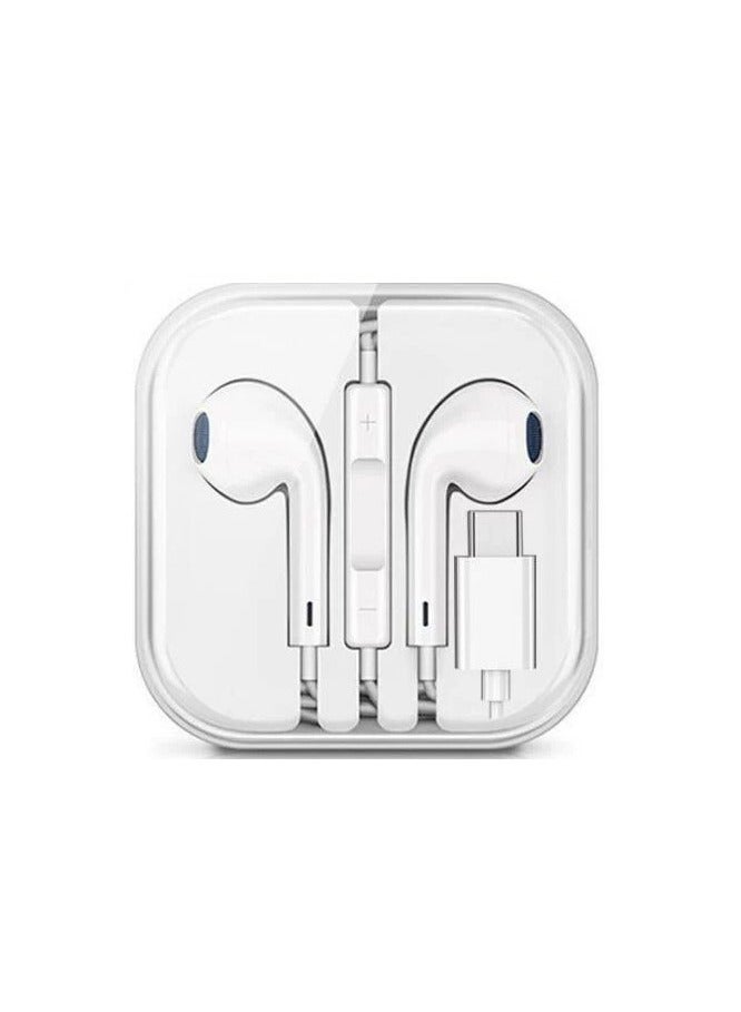 Wired Type-C Earphones, No Bluetooth, Built-in Microphone and Volume Control, Compatible with iOS and Android Devices - White  - Image 2