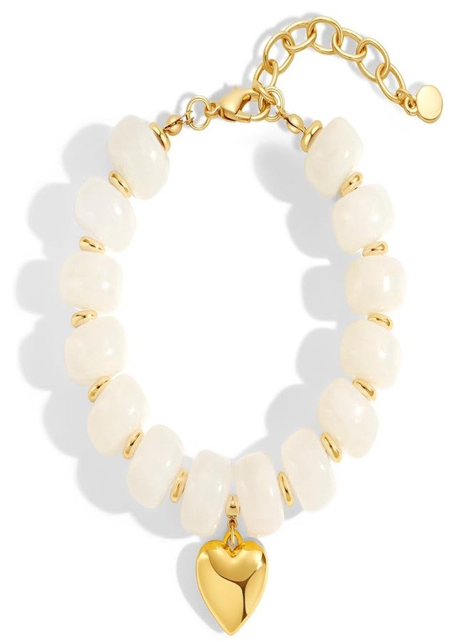 FAUTHENTICUTE Gold Heart Bracelet for Women Chunky White Bead Strand Bracelets With A Cute Heart CharmTrendy Boho Beaded Stacking Bracelet Perfect Summer Beach Jewelry Gift - Image 1