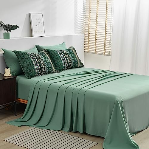 Cottolester Boho Green Comforter Set Queen Size,8 Piece Bed in a Bag Bohemian Striped Bedding Quilt Set,Dark green Paisley Floral Comforter and Sheet Set,Soft Microfiber Complete Bedding Sets for All Season - Image 5