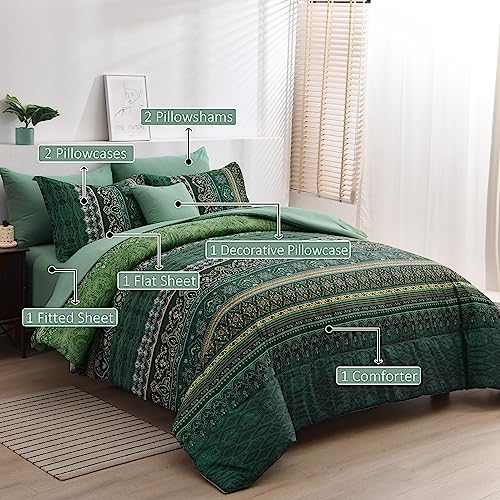Cottolester Boho Green Comforter Set Queen Size,8 Piece Bed in a Bag Bohemian Striped Bedding Quilt Set,Dark green Paisley Floral Comforter and Sheet Set,Soft Microfiber Complete Bedding Sets for All Season - Image 2