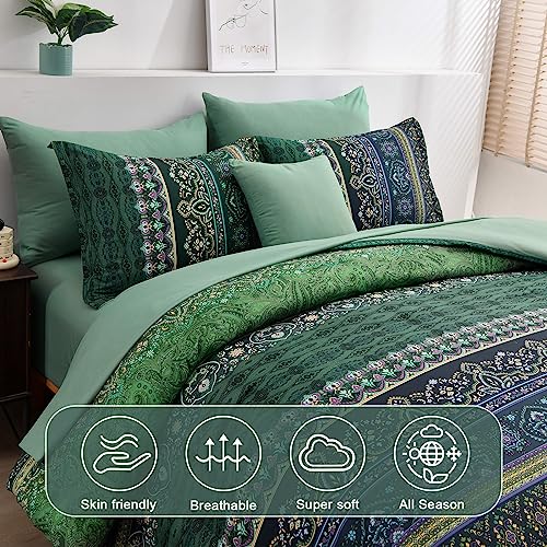 Cottolester Boho Green Comforter Set Queen Size,8 Piece Bed in a Bag Bohemian Striped Bedding Quilt Set,Dark green Paisley Floral Comforter and Sheet Set,Soft Microfiber Complete Bedding Sets for All Season - Image 3