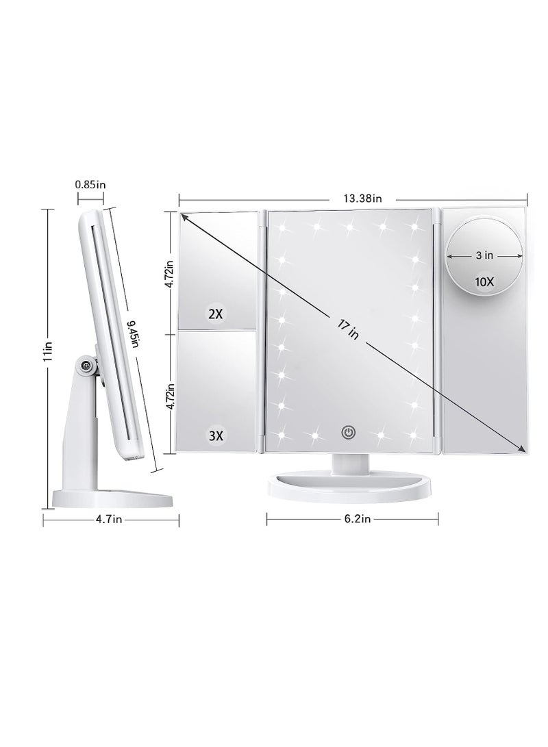 عربست مرآة تجميل، مرآة تجميل قابلة للطي، مرآة تجميل LED محمولة، مرآة تجميل LED، مرآة تجميل مزودة بأضواء، متعددة التكبير، تحكم باللمس، مرآة تجميل ثلاثية الطي، مزودة بمصدر طاقة مزدوج، أبيض - Image 2