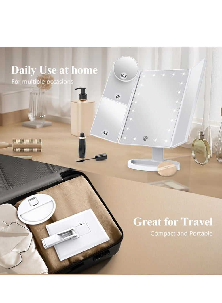 عربست مرآة تجميل، مرآة تجميل قابلة للطي، مرآة تجميل LED محمولة، مرآة تجميل LED، مرآة تجميل مزودة بأضواء، متعددة التكبير، تحكم باللمس، مرآة تجميل ثلاثية الطي، مزودة بمصدر طاقة مزدوج، أبيض - Image 5