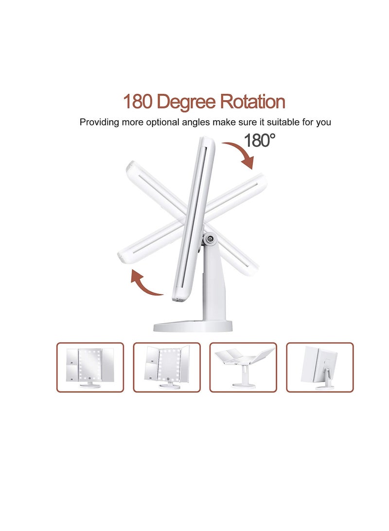 عربست مرآة تجميل، مرآة تجميل قابلة للطي، مرآة تجميل LED محمولة، مرآة تجميل LED، مرآة تجميل مزودة بأضواء، متعددة التكبير، تحكم باللمس، مرآة تجميل ثلاثية الطي، مزودة بمصدر طاقة مزدوج، أبيض - Image 3