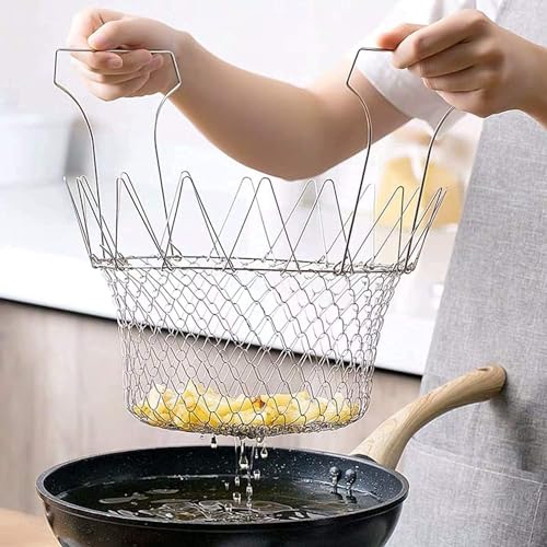 KANISYA Foldable Food Deep Frying Basket for Kitchen Multifunctional Cooking Steam Rinse Deep Frying Stainless Steel Basket Strainer Net Fried Filter Drainage Rack for Fried Food or Fruits (Pack Of 1) - Image 4
