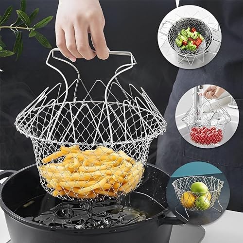 KANISYA Foldable Food Deep Frying Basket for Kitchen Multifunctional Cooking Steam Rinse Deep Frying Stainless Steel Basket Strainer Net Fried Filter Drainage Rack for Fried Food or Fruits (Pack Of 1) - Image 1