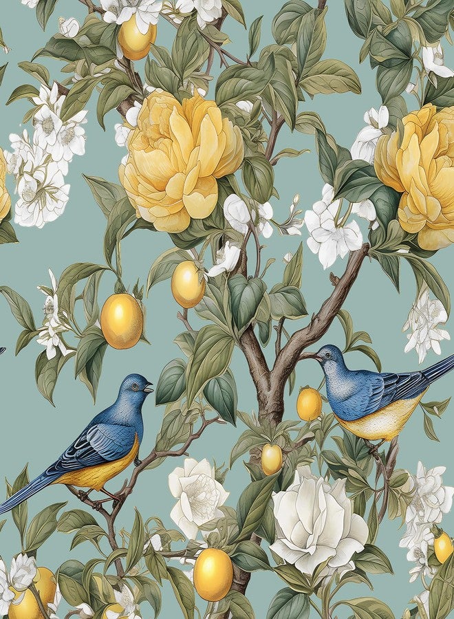 Danodoi Blue Bird Wallpaper Peel and Stick Wallpaper Lemon Tree Wallpaper Green Floral Contact Paper for Cabinets Waterproof Self Adhesive Wall Paper for Kitchen Countertop Wall 17.5" x 393" - Image 1