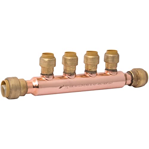 SharkBite 3/4 Inch x 1/2 Inch Outlet 4 Port Open Multi-Port Tee, Push-to-Connect Brass Plumbing Fittings, PEX, Copper, CPVC, 25554LF - Image 1