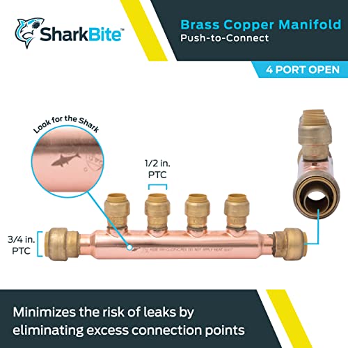 SharkBite 3/4 Inch x 1/2 Inch Outlet 4 Port Open Multi-Port Tee, Push-to-Connect Brass Plumbing Fittings, PEX, Copper, CPVC, 25554LF - Image 2