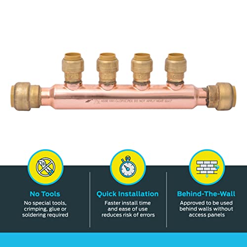 SharkBite 3/4 Inch x 1/2 Inch Outlet 4 Port Open Multi-Port Tee, Push-to-Connect Brass Plumbing Fittings, PEX, Copper, CPVC, 25554LF - Image 3