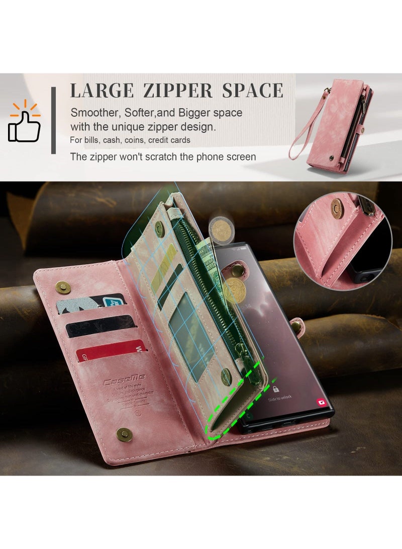 For Samsung Galaxy S23 Ultra Wallet Case, Zipper Purse Folio Leather Wallet with Card Holder Wrist Strap, 2-in-1 Detachable Magnetic Shockproof Full Body Protective Back Cover (Pink) - Image 4