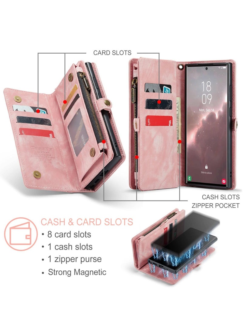 For Samsung Galaxy S23 Ultra Wallet Case, Zipper Purse Folio Leather Wallet with Card Holder Wrist Strap, 2-in-1 Detachable Magnetic Shockproof Full Body Protective Back Cover (Pink) - Image 3
