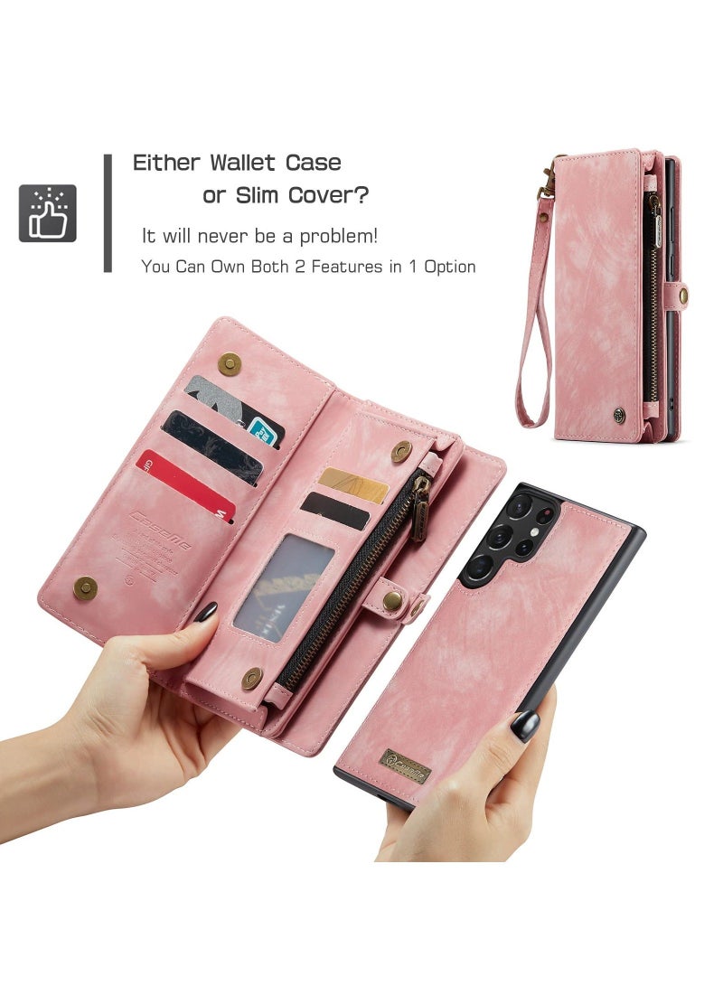 For Samsung Galaxy S23 Ultra Wallet Case, Zipper Purse Folio Leather Wallet with Card Holder Wrist Strap, 2-in-1 Detachable Magnetic Shockproof Full Body Protective Back Cover (Pink) - Image 2