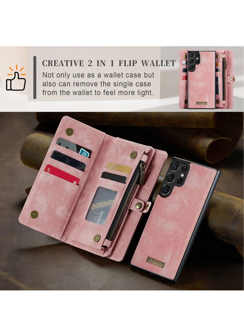 For Samsung Galaxy S23 Ultra Wallet Case, Zipper Purse Folio Leather Wallet with Card Holder Wrist Strap, 2-in-1 Detachable Magnetic Shockproof Full Body Protective Back Cover (Pink) - Image 5