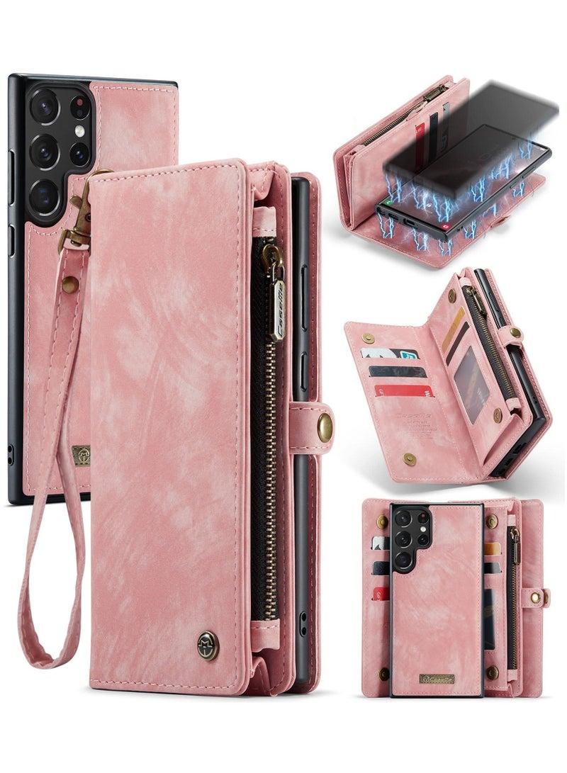 For Samsung Galaxy S23 Ultra Wallet Case, Zipper Purse Folio Leather Wallet with Card Holder Wrist Strap, 2-in-1 Detachable Magnetic Shockproof Full Body Protective Back Cover (Pink) - Image 1