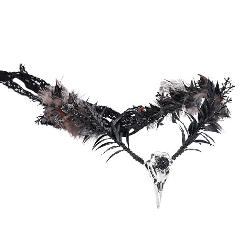MOSTORY Handmade Raven Elf Crown - Gothic Feather Cirlet with Crow Skull Black Flower Tiara with Rhinestone for Witch Sorcerer Renaissance Halloween Wedding Cosplay Photo Prop - Image 1