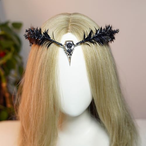 MOSTORY Handmade Raven Elf Crown - Gothic Feather Cirlet with Crow Skull Black Flower Tiara with Rhinestone for Witch Sorcerer Renaissance Halloween Wedding Cosplay Photo Prop - Image 4