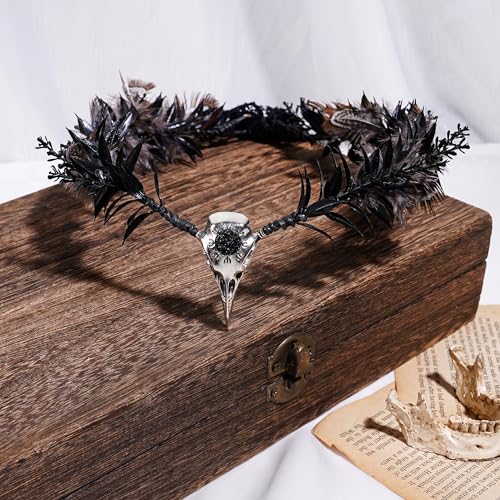 MOSTORY Handmade Raven Elf Crown - Gothic Feather Cirlet with Crow Skull Black Flower Tiara with Rhinestone for Witch Sorcerer Renaissance Halloween Wedding Cosplay Photo Prop - Image 5
