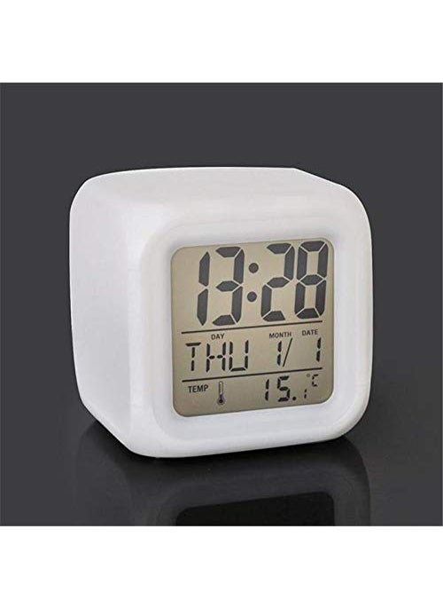 N M Z - N M Z Abstract Theme ABS Plastic 7 Colour Changing LED Digital Alarm Clock with Date Time Temperature White - Image 1