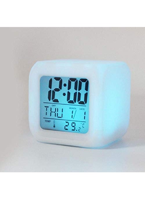 N M Z - N M Z Abstract Theme ABS Plastic 7 Colour Changing LED Digital Alarm Clock with Date Time Temperature White - Image 1