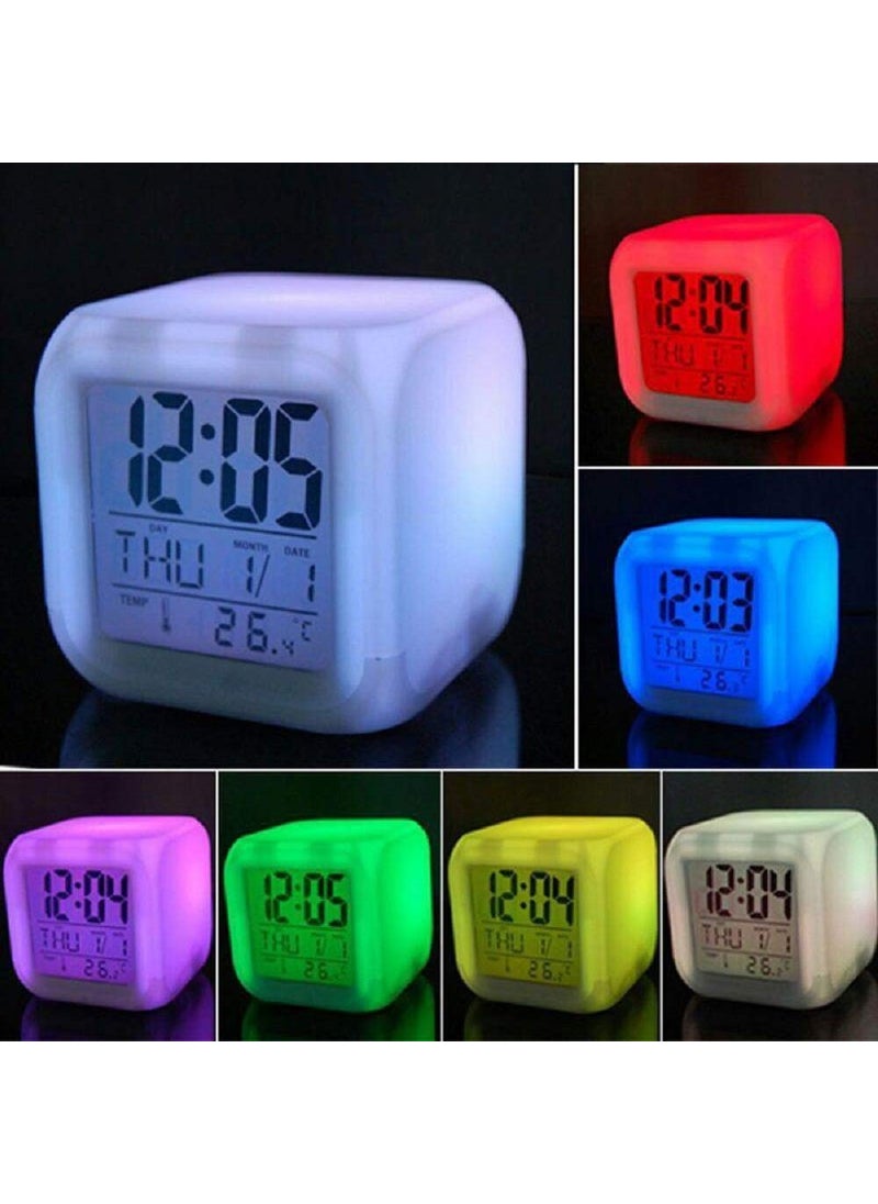 N M Z - N M Z Abstract Theme ABS Plastic 7 Colour Changing LED Digital Alarm Clock with Date Time Temperature White - Image 1