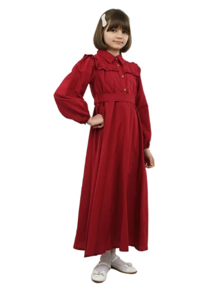 Young Girls Long-Sleeved Elastic Loose-Fitting Dress with Shirrt Neck With Button Detailing and Ruffled Bodice with Belt, for Summer- Burgundy