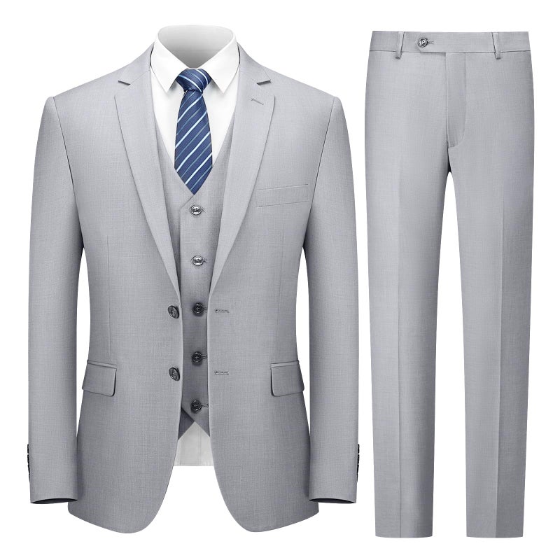 Cooper & Nelson 3 Piece Mens Suit Set, 2 Button Slim Fit Suit for Men, Jacket, Vest, Pants and Tie Light Grey L - Image 1