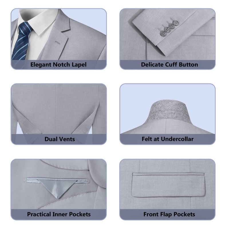 Cooper & Nelson 3 Piece Mens Suit Set, 2 Button Slim Fit Suit for Men, Jacket, Vest, Pants and Tie Light Grey L - Image 5