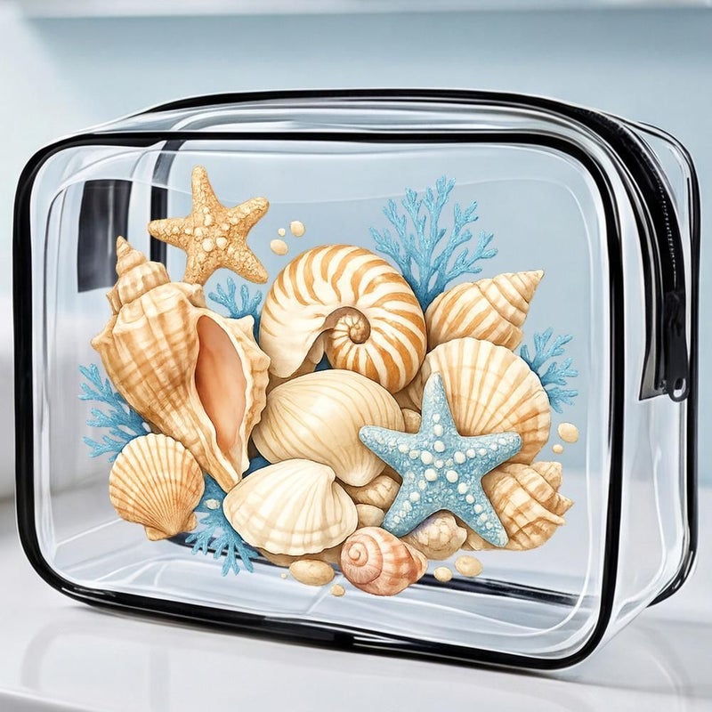 Clear Pvc Makeup Pouch Watercolor Coastal Design Seashell Starfish Coral Bathroom Organizer Small Size For Travel Beach And Everyday Use - Image 1