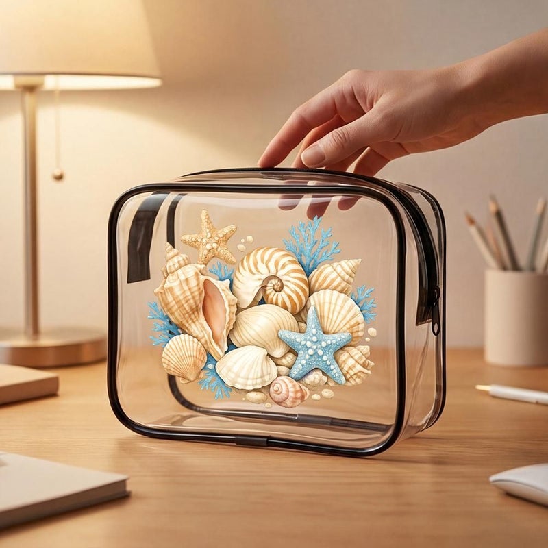 Clear Pvc Makeup Pouch Watercolor Coastal Design Seashell Starfish Coral Bathroom Organizer Small Size For Travel Beach And Everyday Use - Image 2