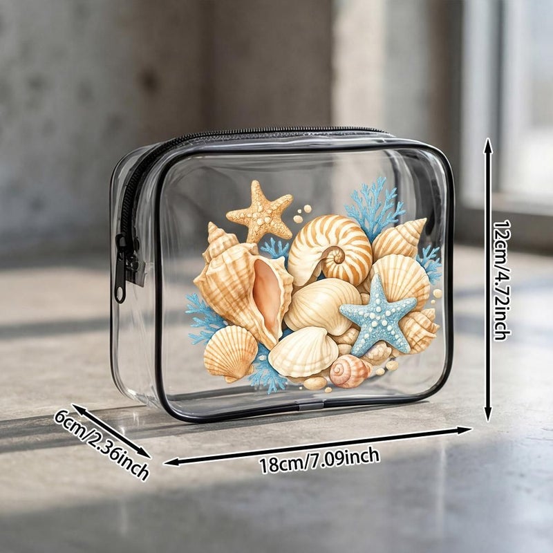 Clear Pvc Makeup Pouch Watercolor Coastal Design Seashell Starfish Coral Bathroom Organizer Small Size For Travel Beach And Everyday Use - Image 3