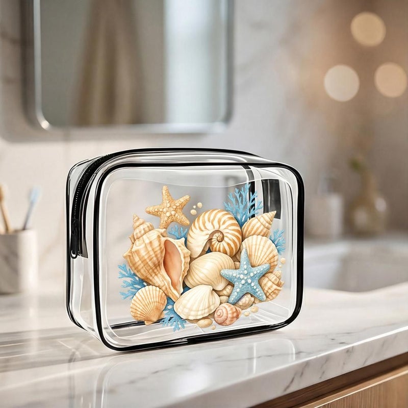 Clear Pvc Makeup Pouch Watercolor Coastal Design Seashell Starfish Coral Bathroom Organizer Small Size For Travel Beach And Everyday Use - Image 4