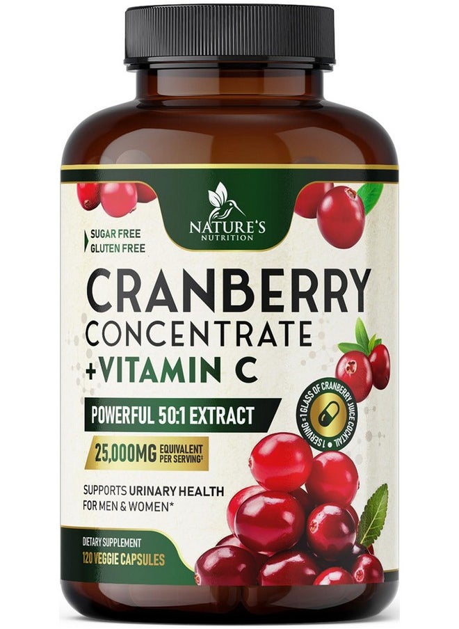 Nature's Nutrition - Cranberry Extract Pills + Vitamin C (25,000mg Formula) - Natural Urinary Tract Health Support with Cranberry Supplement for Women & Men - Nature's, Non-GMO, Gluten Free - 120 Capsules - Image 1