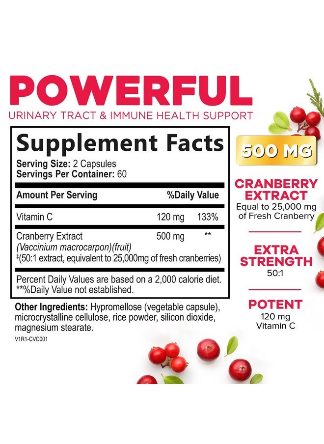 Nature's Nutrition - Cranberry Extract Pills + Vitamin C (25,000mg Formula) - Natural Urinary Tract Health Support with Cranberry Supplement for Women & Men - Nature's, Non-GMO, Gluten Free - 120 Capsules - Image 1