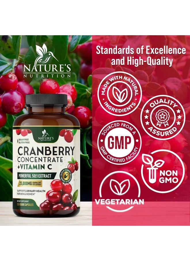 Nature's Nutrition - Cranberry Extract Pills + Vitamin C (25,000mg Formula) - Natural Urinary Tract Health Support with Cranberry Supplement for Women & Men - Nature's, Non-GMO, Gluten Free - 120 Capsules - Image 1