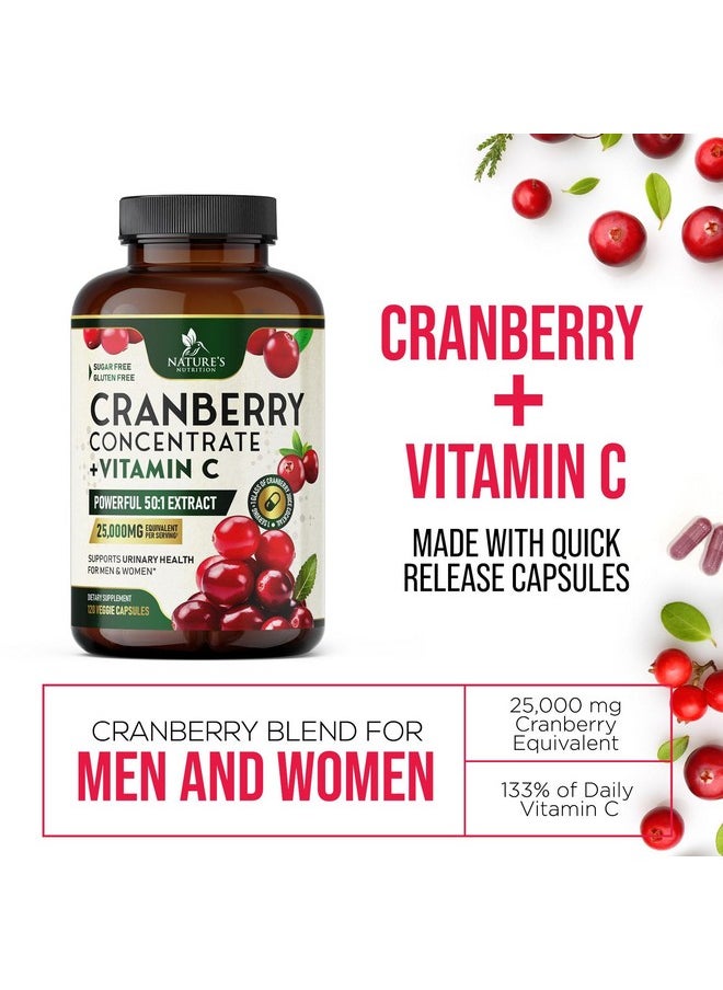 Nature's Nutrition - Cranberry Extract Pills + Vitamin C (25,000mg Formula) - Natural Urinary Tract Health Support with Cranberry Supplement for Women & Men - Nature's, Non-GMO, Gluten Free - 120 Capsules - Image 1